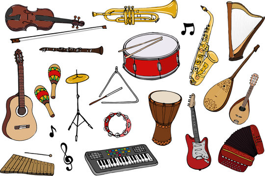 Vector set of musical instruments. Cartoon colored isolated objects on a white background. Multicolored hand drawn illustration.