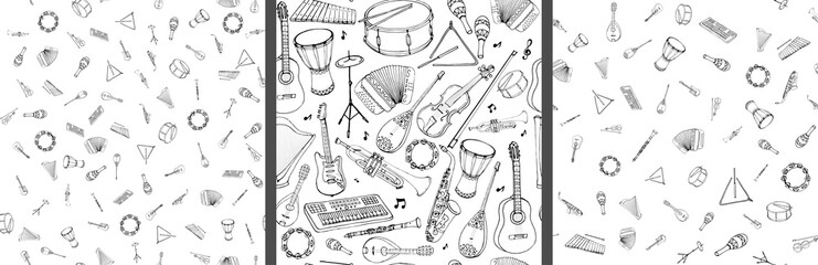 Obraz premium Vector seamless pattern of musical instruments. Linear hand drawn illustration in cartoon style.