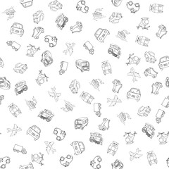 Vector seamless pattern with transports. Linear monochrome hand-drawn illustration in cartoon style.