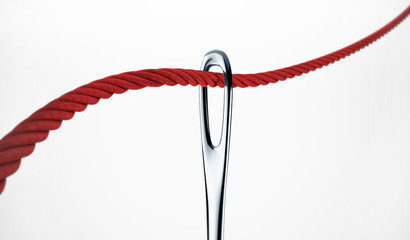 Red thread and a needle isolated on white with clipping path. 3d rendering