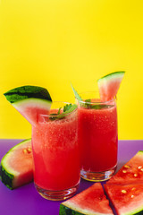 Vitamin watermelon smoothie for vegans on a yellow background. Super food for detox	