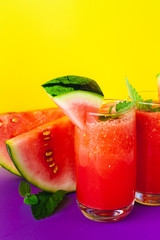 Vitamin watermelon smoothie for vegans on a yellow background. Super food for detox	