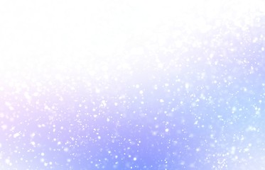 Light fluffy snow falling on subtle blue lilac blurred bckground. Delicate winter abstract graphic.