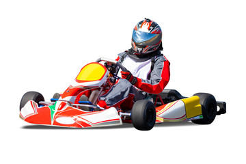 Isolated Go Kart Racer on White Background - Red and Yellow Car. - obrazy, fototapety, plakaty