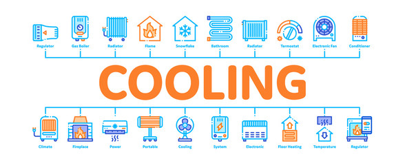 Heating And Cooling Minimal Infographic Web Banner Vector. Cool And Humidity, Airing, Ionisation And Heating Concept Linear Pictograms. Conditioning Related Contour Illustrations