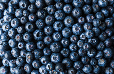 Flat lay up above view of fresh organic blueberries