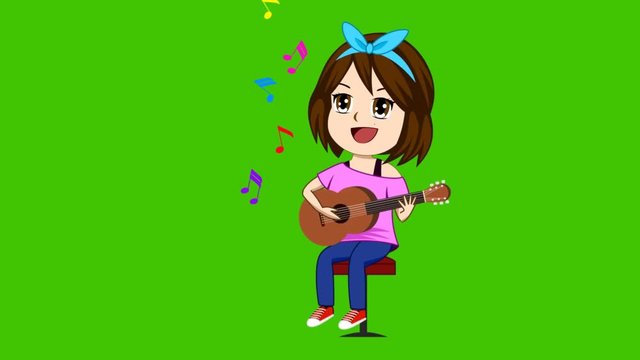 A video with a cute girl is playing the guitar and the notes is floating up. It has green backgrounds.
