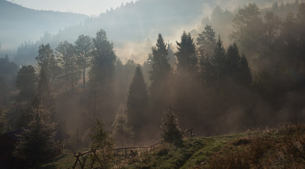 Ukrainian village in Carpathians at sunrise