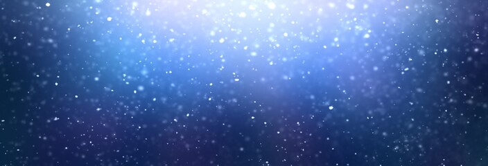 Winter snow night abstract banner. Low light top on dark blue blur background. Magical holiday decor.