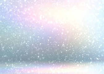 Light holographic 3d background decorated fluffy snow. Incredible winter illustration. Shimmer iridescent wall and floor blurred texture. Wonderful holiday interior.