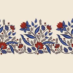 Indian floral paisley pattern vector seamless border. Oriental ethnic medallion motif. Vintage tropical flowers ornament print. India luxury design decoration. - obrazy, fototapety, plakaty
