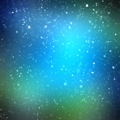Blurred snow falling on blue green azure soft gradient background. Dark vignette. Magic festive winter night.