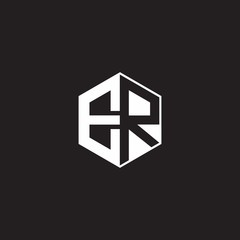 ER Logo monogram hexagon with black background negative space style