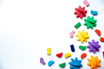 
Montessori toys for early baby development. Kids toys on a white background. Colorful blocks
