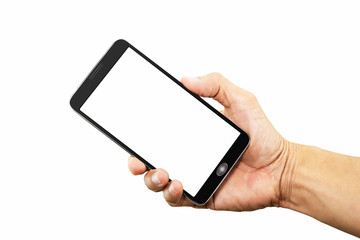Hand holding white blank screen smartphone isolated on white background with clipping path