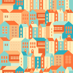 Seamless pattern urban landscape in a geometric minimal flat style. Urban background with Town houses and streets, roofs of building in vector. City seamless