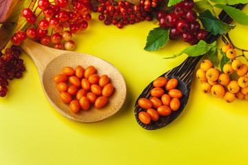 Vitamin coenzyme Q10 pills on a spoon. Yellow background with berries. Seasonal beriberi