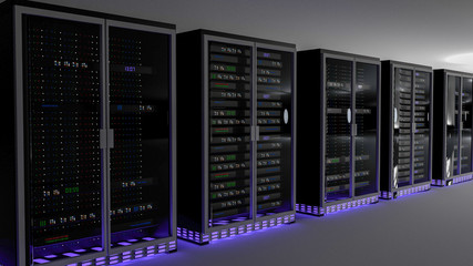 Server room data center. Backup, mining, hosting, mainframe, farm and computer rack with storage information. 3d render