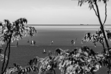 Gulf of Trieste. High cliffs Between boats, karst rocks and ancient castles. Black and white....