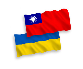 National vector fabric wave flags of Taiwan and Ukraine isolated on white background. 1 to 2 proportion.