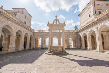 cloister and balcony of Montecassino abbey, rebuilding after second world war - obrazy, fototapety, plakaty