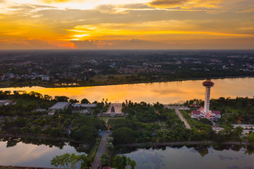 Panorama Top view Aerial photo from flying drone over Chalermprakiat Tower at Koh Klang nam public park in Sisaket Thailand,ASIA.
