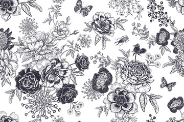 Black and white vintage seamless pattern. Flowers, beetles and butterflies.