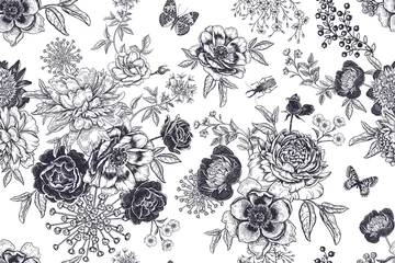 Behang Zwart-wit vintage naadloze patroon. Bloemen, kevers en vlinders. © marinavorona