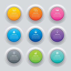 Infographics circle button with 9 data template. Vector illustration abstract background. Can be used for workflow layout, business step, banner, web design.