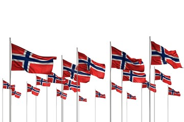 Obraz premium nice any holiday flag 3d illustration. - many Norway flags in a row isolated on white with free space for text