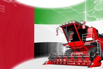 Digital industrial 3D illustration of red advanced farm combine harvester on United Arab Emirates flag - agriculture equipment innovation concept