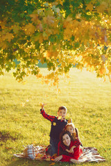 Cute family in a autumn park. Happy mother with little kids. Family sitting on yellow leaves. Golden autumn.