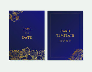 The layout of the wedding invitation with gold flowers