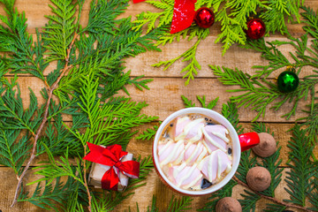 coffee with marshmallows in the red cup. Christmas and new year mood