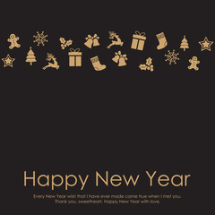 Happy New Year or Christmas card with Xmas decorations. Vector