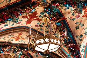 Christmas decorations inside a castle