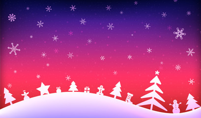 Christmas background in blue-red color with different christmas trees and christmas toys on backdrop with big and small snowflakes