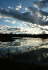 Le crépuscule sur un lac. Un coucher de soleil sur un lac. Un ciel nuageux sur un lac et la silhouette des arbres. Paysage d'un lac au crépuscule.