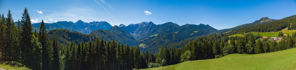 Sunny summer landscape with Solcava panoramic road, Logarska Dolina, Logar valley in Slovenia. © asafaric