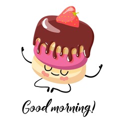 Good morning. Postcard. Cupcake with chocolate icing. Cute cartoon character on a white background..