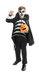 Little boy in Halloween costume and pumpkin on white background