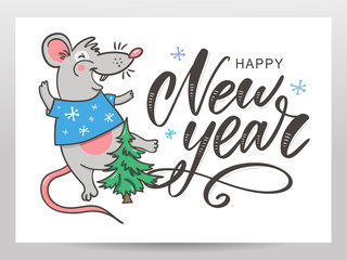 Template image Happy new year party with rat, white background new year 2020. Funny sketch mouse Vector illustration.