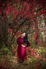 Autumn golden time, portrait of fashionable woman wear marsala dress , scene at park outdoors