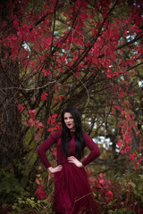 Autumn golden time, portrait of fashionable woman wear marsala dress , scene at park outdoors