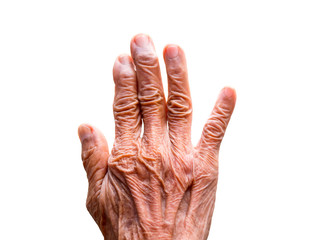One hand of an elderly woman isolated on white background. Senior lady wrinkled hand.