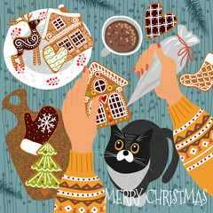 Preparing for Christmas and New Year. Cute vector illustration - gingerbread cookies scattered on the table, hands with a pastry bag decorate cookies with icing and cat watching the process
