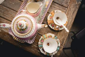 Two vintage porcelain cup of tea on the table
