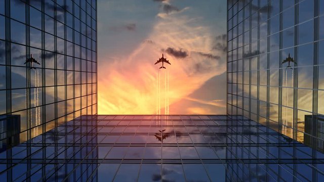 Airplane Flies Over Business Skyscrapers Against Sunset Clouds, Beautiful 3d Animation 4k, Ultra HD 3840x2160