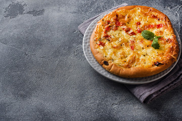 Homemade pizza tortilla with tomato and cheese on gray concrete background. Copy space