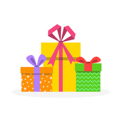 Gift boxes pile for Christmas or Birthday in flat design. Stacked  present boxes with ribbon and bow. Holiday, surprise, greeting card, shopping, wedding decoration elements. Vector illustration.
